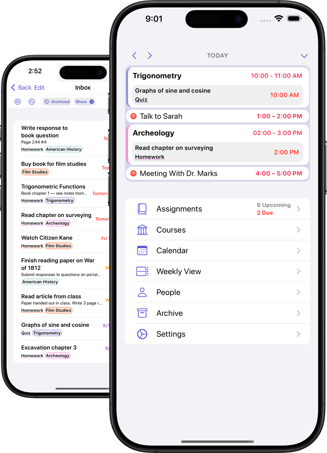 Assignments app showing the inbox and upcoming schoolwork