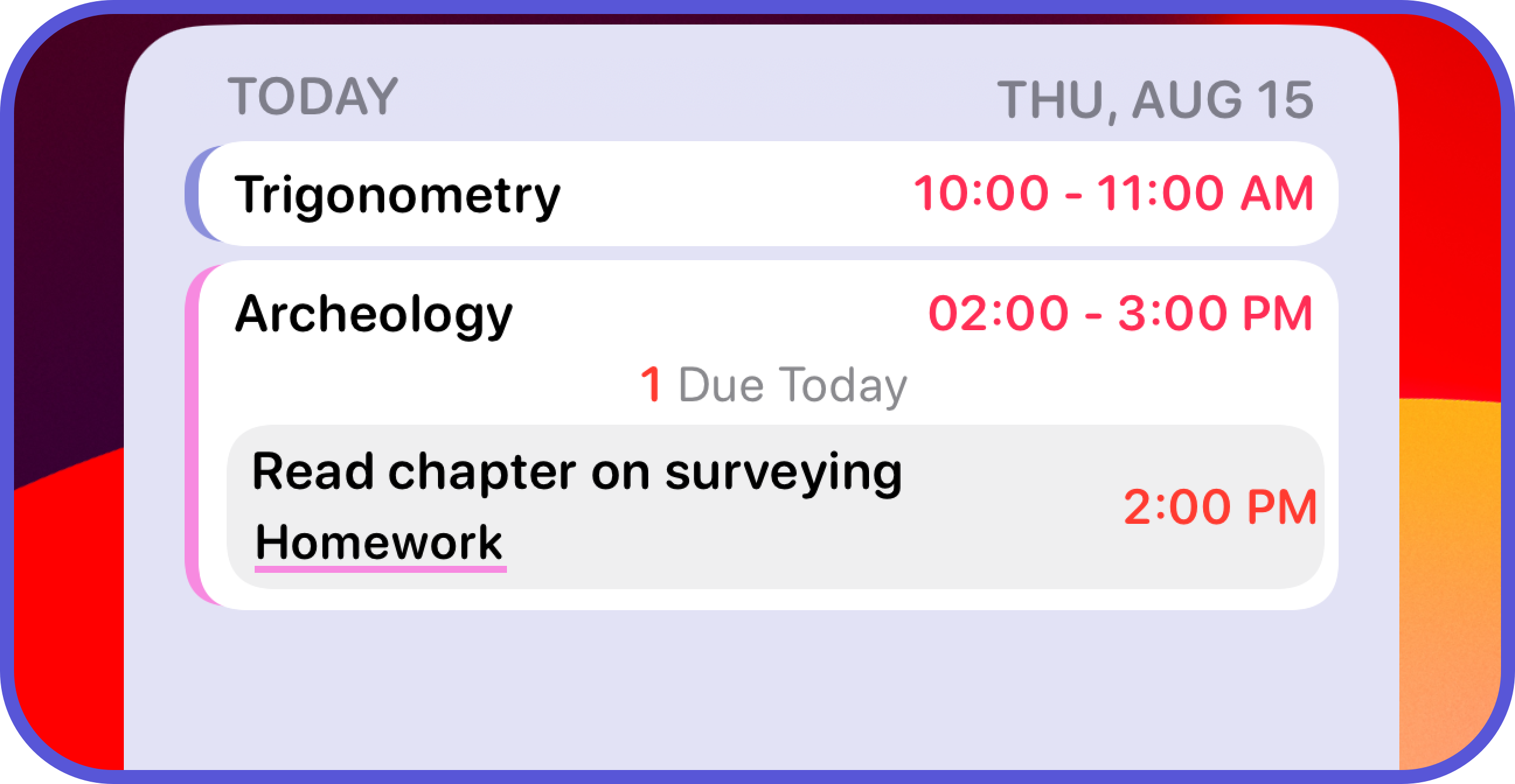 Assignments home screen widget