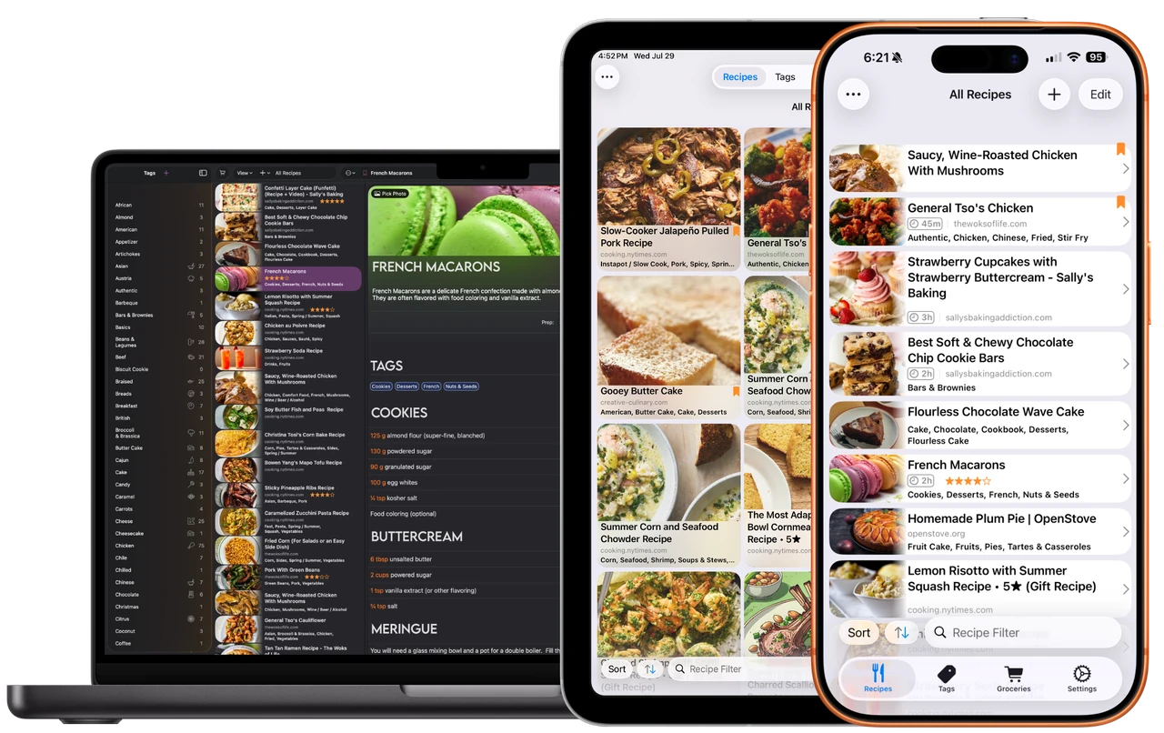 Cookery syncing a recipe library across Mac, iPad, and iPhone