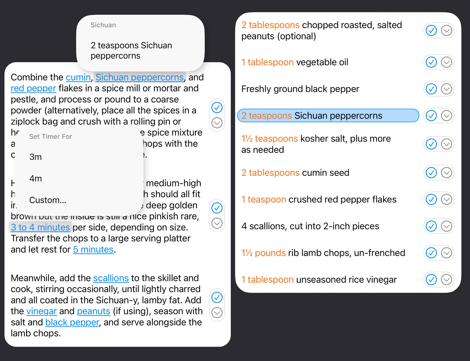 Cookery displaying an ingredient amount from inside a recipe instruction