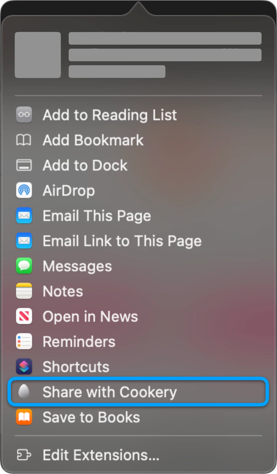 Share with Cookery in the macOS Share menu