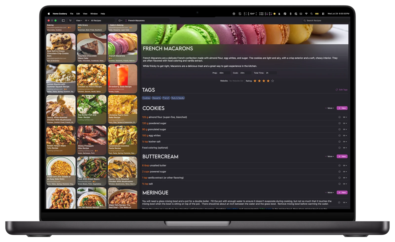Cookery for Mac showing a recipe library beside a complete French macarons recipe