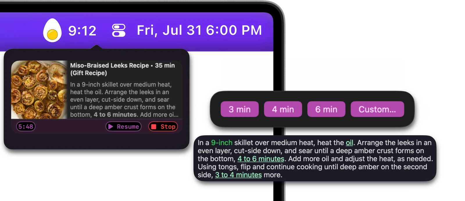 Cookery for Mac displaying a recipe timer