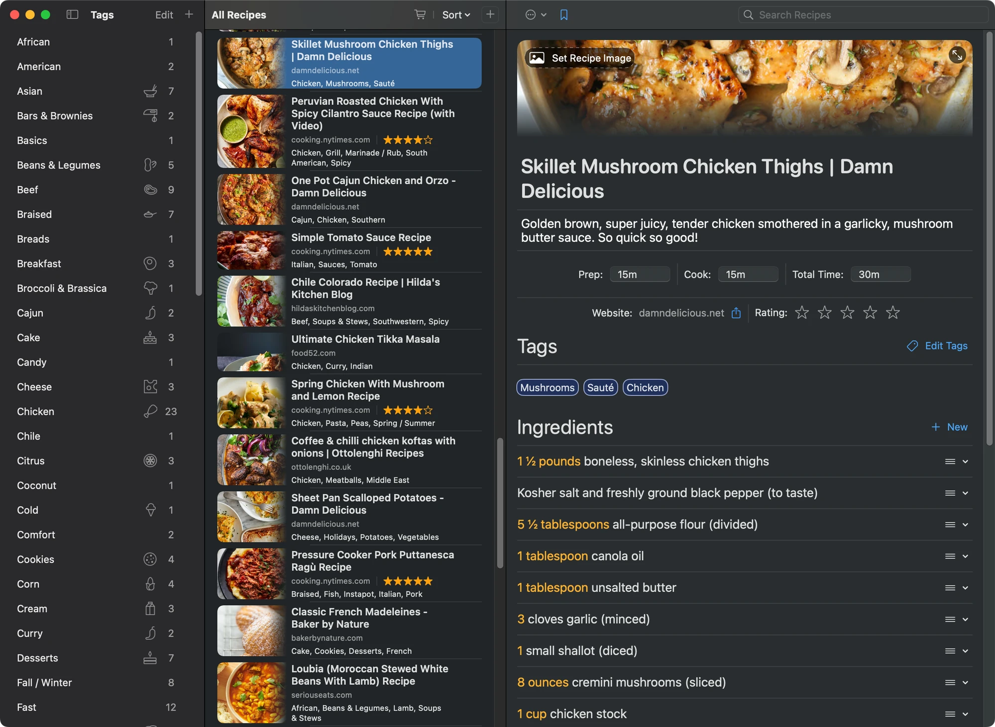 Cookery's three-column Mac interface with tags, recipes, and a complete recipe