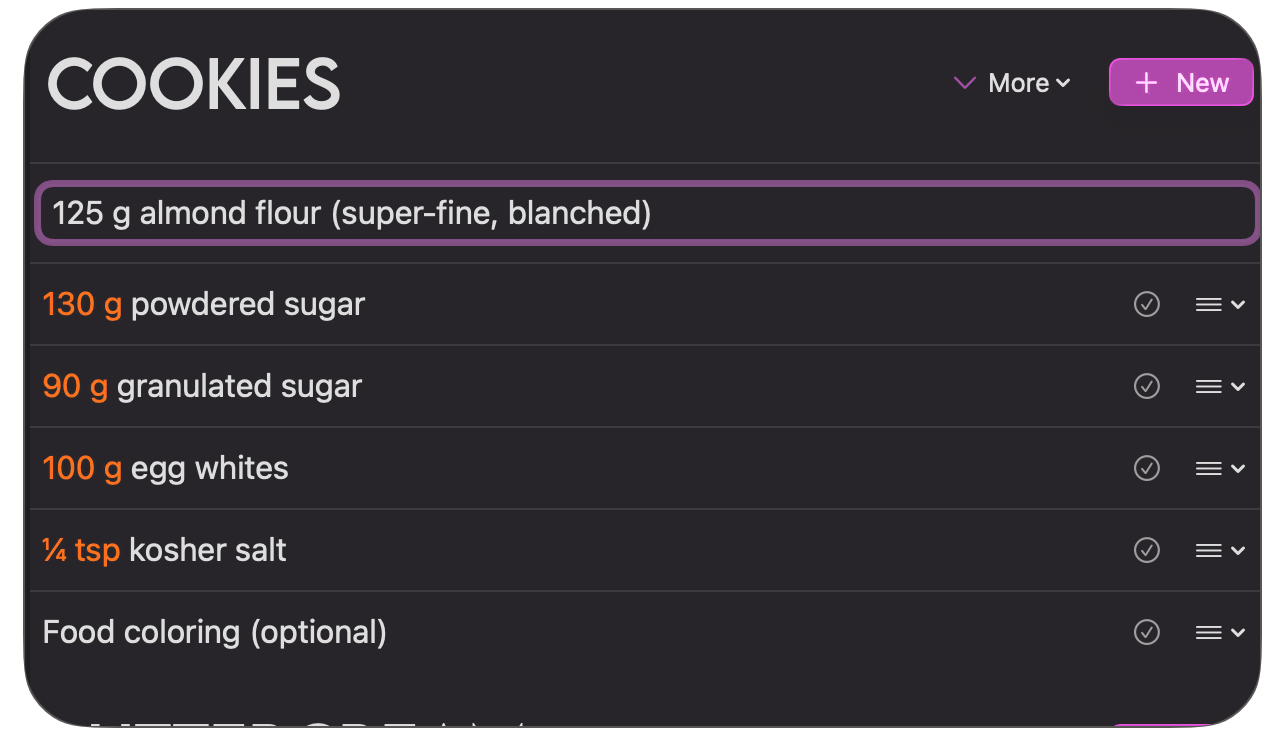 Editing ingredient rows in Cookery for Mac